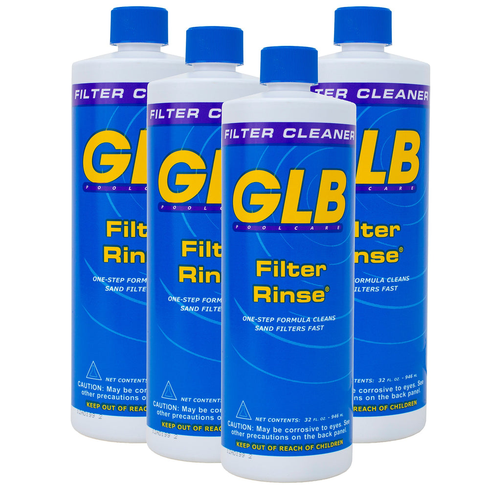 GLB Filter Rinse 32oz (71014A) 4-Pack with My Garden Pool 7-in-1 Test Strips & Measuring Cup – Enhances Filtration & Water Clarity