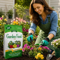 Espoma Garden Food 5-10-5 All Purpose Granular Fertilizer 6.75 lb for Trees Shrubs Flowers & Vegetables with My Garden Pool Soil Test Kit and Gardening Gloves