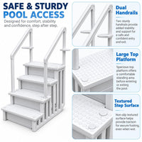 My Garden Pool 4-Step In-Pool Entry Stairs for 48–54 Inch Above-Ground Pools, Dual Handrails, Textured Step Surfaces, 2 Adjustable Deck Connectors and Slotted Side Panels, White