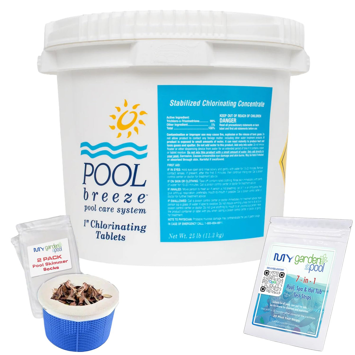 Pool Breeze 1" Chlorinating Tablets 88420 – 25 lb – Stabilized Pool Chlorine – with My Garden Pool 7 in 1 Test Strips & Scum Socks