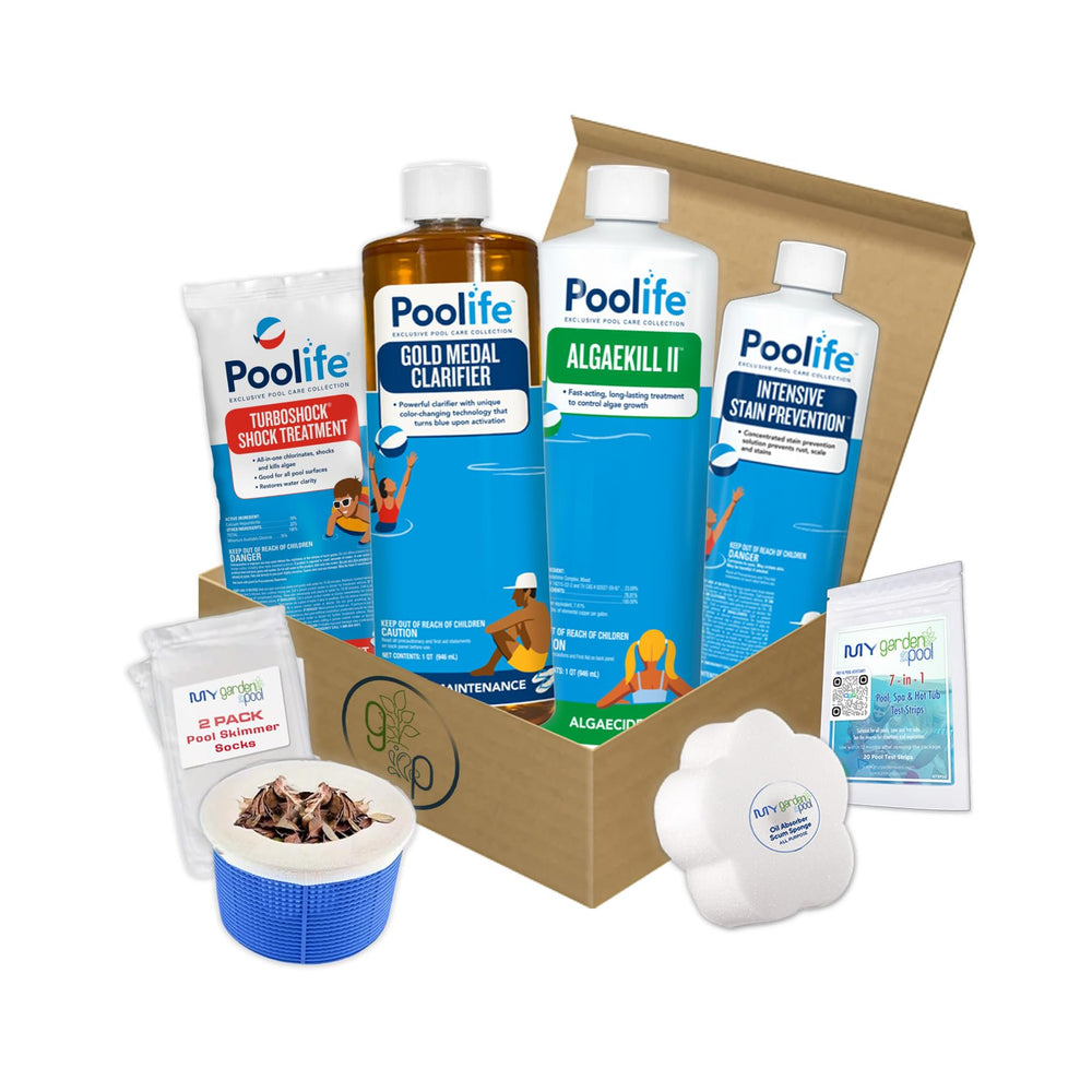 Poolife Basic Start-Up Pool Bundle – 1 lb TurboShock, Clarifier, AlgaeKill II, Stain Preventer – with My Garden Pool Skimmer Socks, Scum Sponge & 7-in-1 Pool Test Strips (20 ct)
