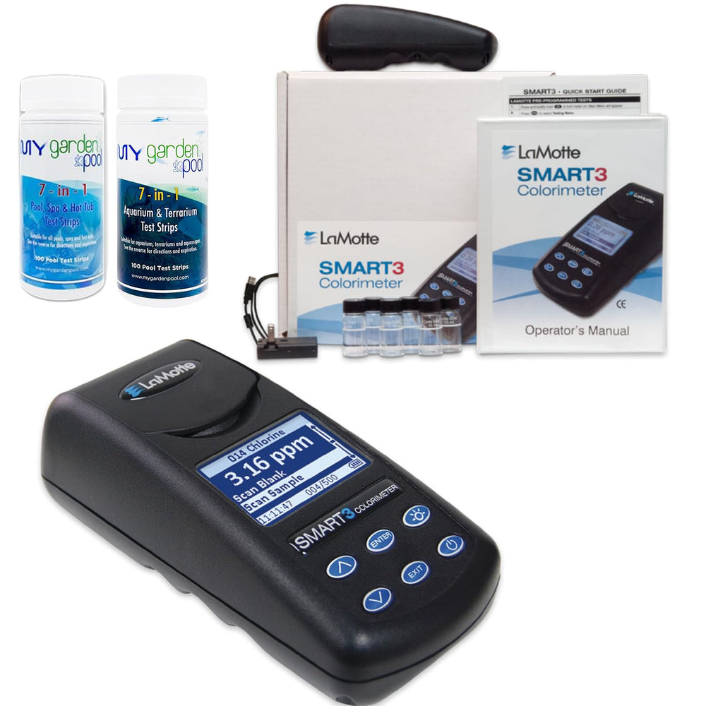 Lamotte Smart 3 Colorimeter Model 1910, Portable Water Quality Analyzer with Pre-Programmed Tests with My Garden Pool 7-in-1 Test Strips and Aquarium/Terrarium Test Strips 100 ct