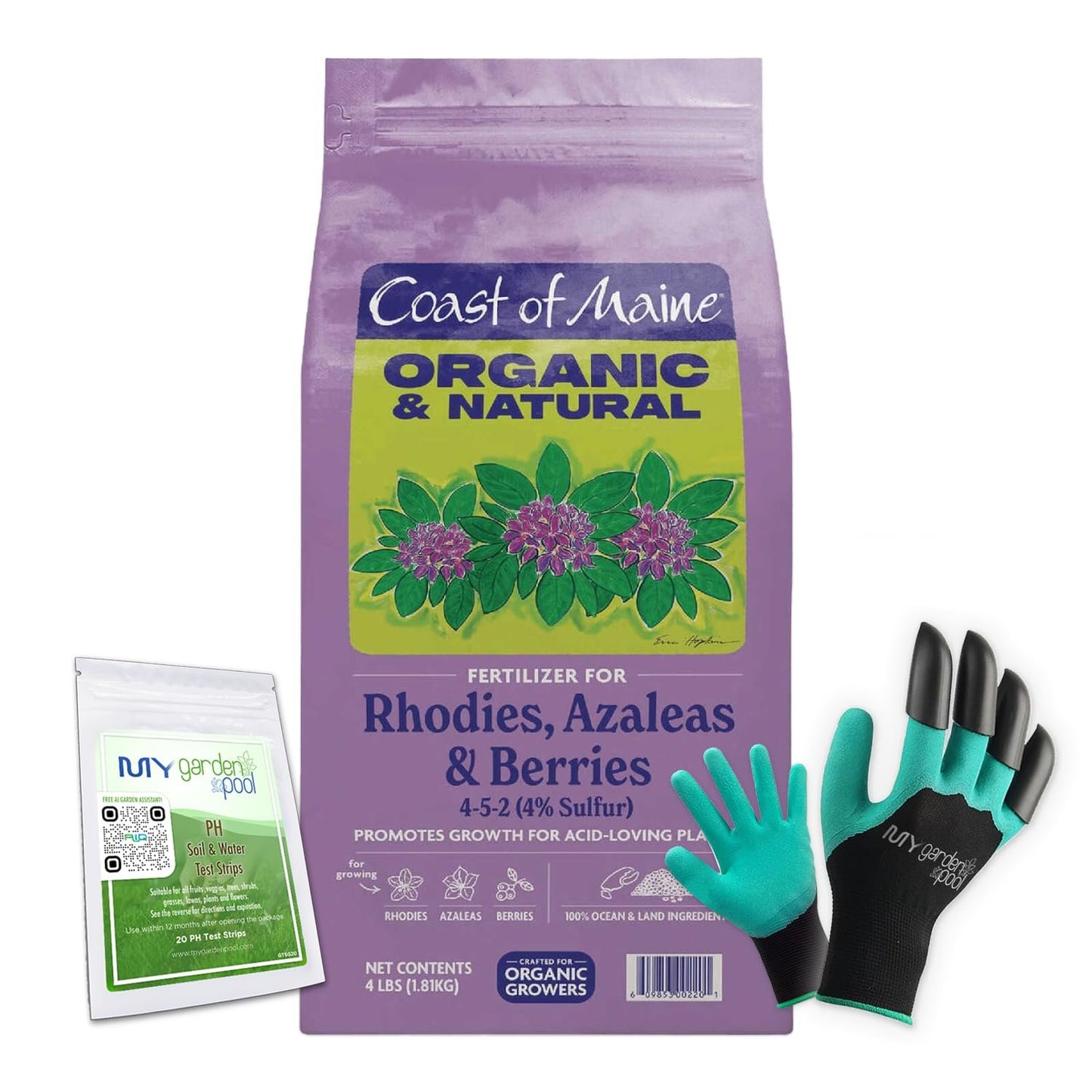 Coast of Maine RH6001 Rhody, Azalea & Berries Plant Food 4 LB – Organic Acidic Soil Fertilizer with My Garden Pool Soil Test Strips & Claw Gardening Gloves