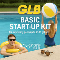 GLB Basic Start-Up Pool Bundle – 1 lb Supersonic Shock, Super Blue Clarifier, Sequa-Sol, Algimycin 2000 – with My Garden Pool Skimmer Socks, Scum Sponge & 7-in-1 Pool Test Strips