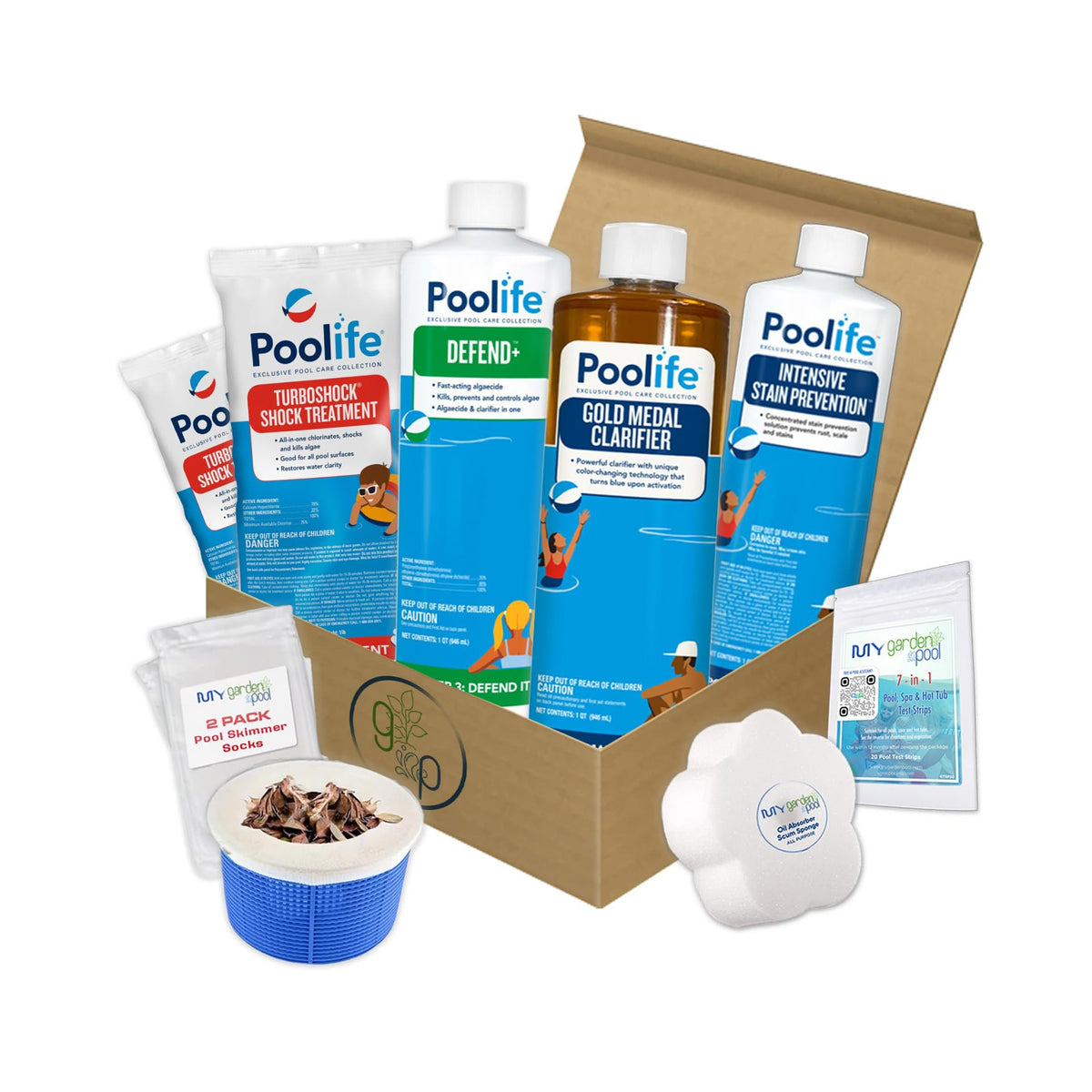 Poolife Deluxe Start-Up Pool Bundle – 2× TurboShock, Defend+, Clarifier, Stain Preventer – with My Garden Pool Skimmer Socks, Scum Sponge & 7-in-1 Pool Test Strips (20 ct)
