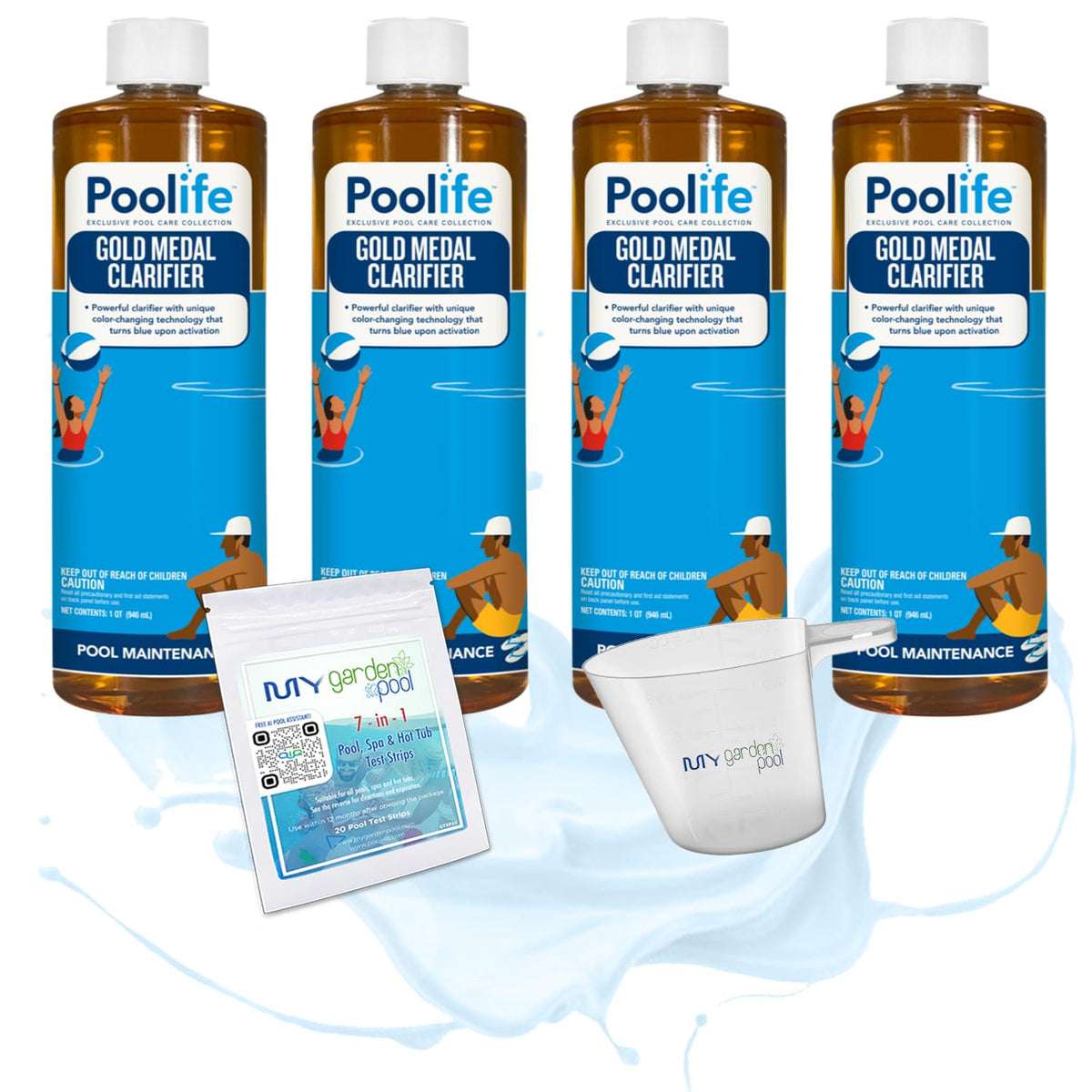 Poolife Gold Medal Clarifier – Super Concentrated Swimming Pool Water Clarifier with Color-Changing Formula – Includes My Garden Pool 7-in-1 Test Strips and Measuring Cup 4 Pack