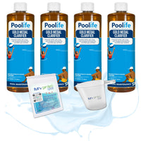 Poolife Gold Medal Clarifier – Super Concentrated Swimming Pool Water Clarifier with Color-Changing Formula – Includes My Garden Pool 7-in-1 Test Strips and Measuring Cup 4 Pack