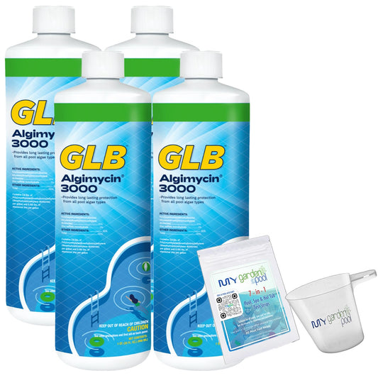 GLB Algimycin 3000 Algaecide 32 FL OZ 71105A with My Garden Pool 7 in 1 Test Strips and Measuring Cup, 4 Pack