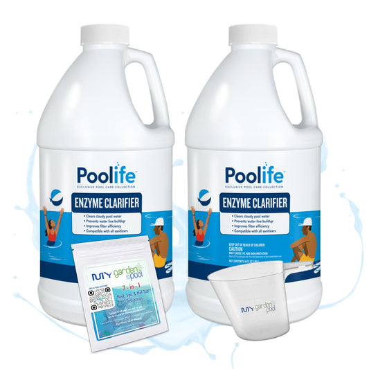 Poolife Enzyme Clarifier – Natural Pool Water Clarifier for Clear Water – Breaks Down Oils & Organic Matter – Includes My Garden Pool 7-in-1 Test Strips, Measuring Cup & Pool-IQ AI Assistant 2 Pack