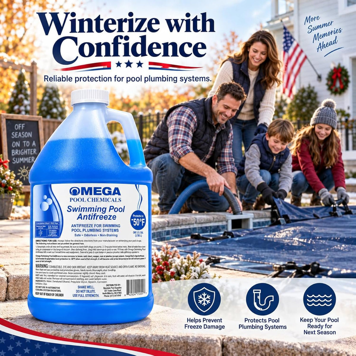 Omega Swimming Pool Antifreeze 1 Gallon, Protects to -50°F, Pool Plumbing Winterizer – Includes My Garden Pool 2 Filter Drain Plugs, Seat Removal Tool, 7-in-1 Test Strips & Pool-IQ Access