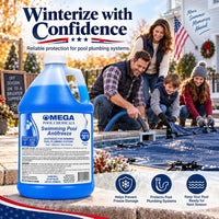 Omega Swimming Pool Antifreeze 1 Gallon, Protects to -50°F, Pool Plumbing Winterizer – Includes My Garden Pool 2 Filter Drain Plugs, Seat Removal Tool, 7-in-1 Test Strips & Pool-IQ Access