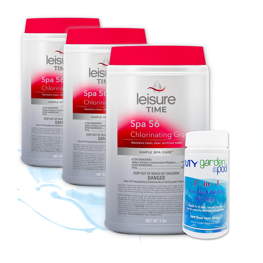 Leisure Time E5 Spa 56 Chlorinating Granules for Spas and Hot Tubs, 5-Pounds (Three Pack, 3 x 5 lbs) with My Garden Pool 20 Ct. Test Strips - Take Care of Your Spa/Pool, Test First Use Later
