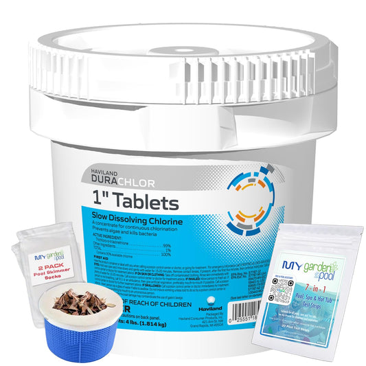 Haviland Durachlor 1 Inch Tablets 4 lb with My Garden Pool Scum Socks, Test Strip & Pool-IQ AI Assistant