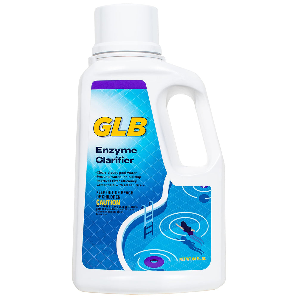 GLB Enzyme Clarifier 64oz (71216) Pool Enzyme Treatment with My Garden Pool 7-in-1 Test Strips & Measuring Cup, 1-Pack
