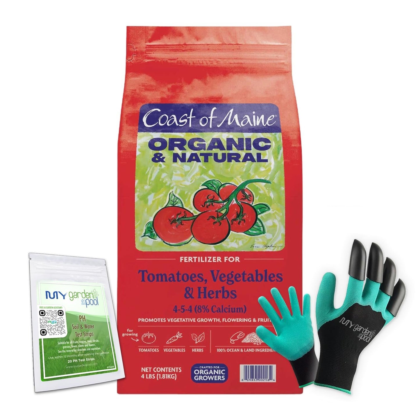 Coast of Maine TV6001 Tomato & Vegetable Plant Food 4 LB – Organic Fertilizer for Strong Roots & Rich Harvests with My Garden Pool Soil Test Strips & Claw Gardening Gloves