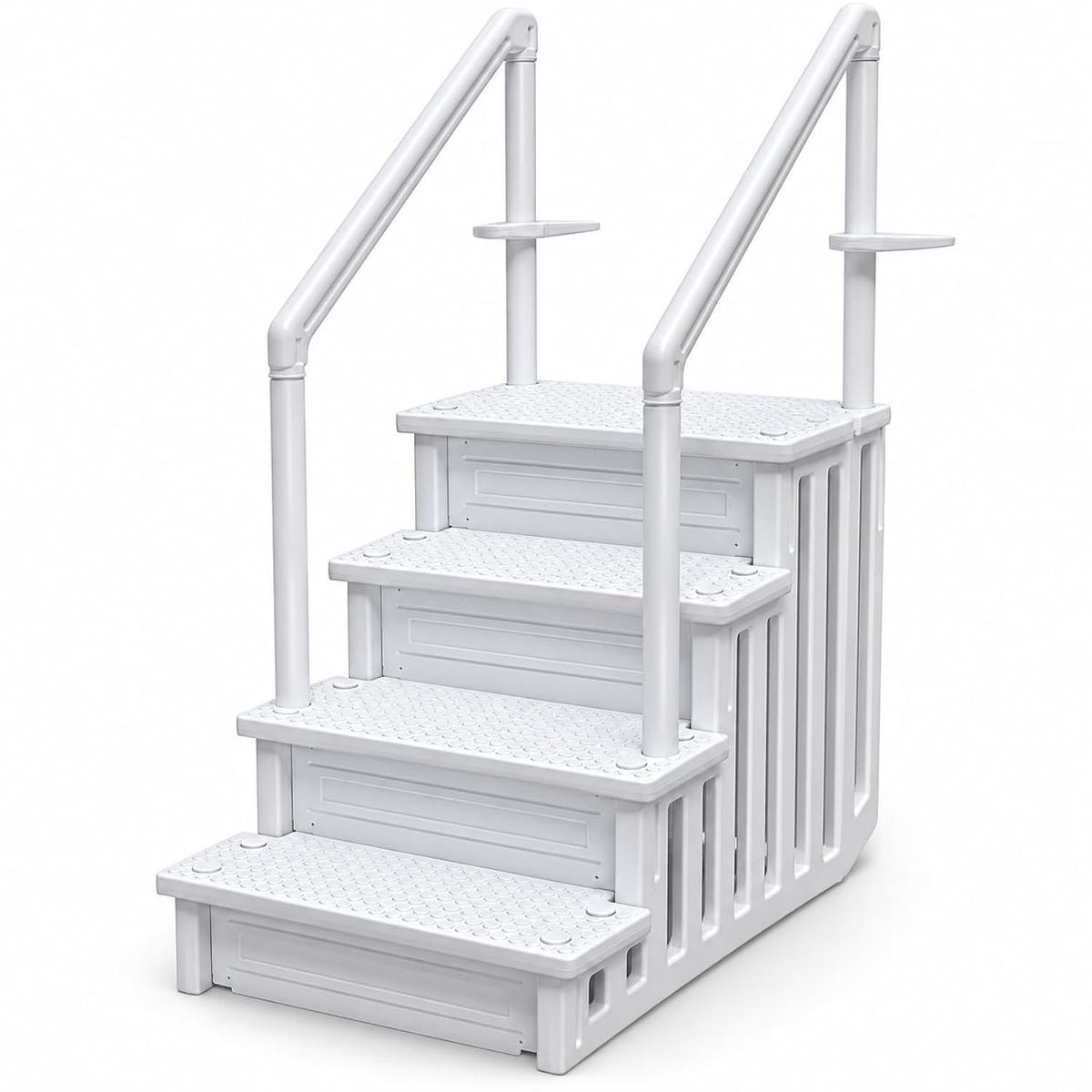 My Garden Pool 4-Step In-Pool Entry Stairs for 48–54 Inch Above-Ground Pools, Dual Handrails, Textured Step Surfaces, 2 Adjustable Deck Connectors and Slotted Side Panels, White