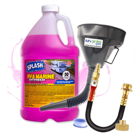My Garden Pool Splash RV & Marine -50°F Antifreeze Set Flexible Plastic Funnel Spout and Sprinkler Blowout Adapter, Shut Off Valve - for Winterizing RV, Camper, Boat, Motorhome Systems (1)