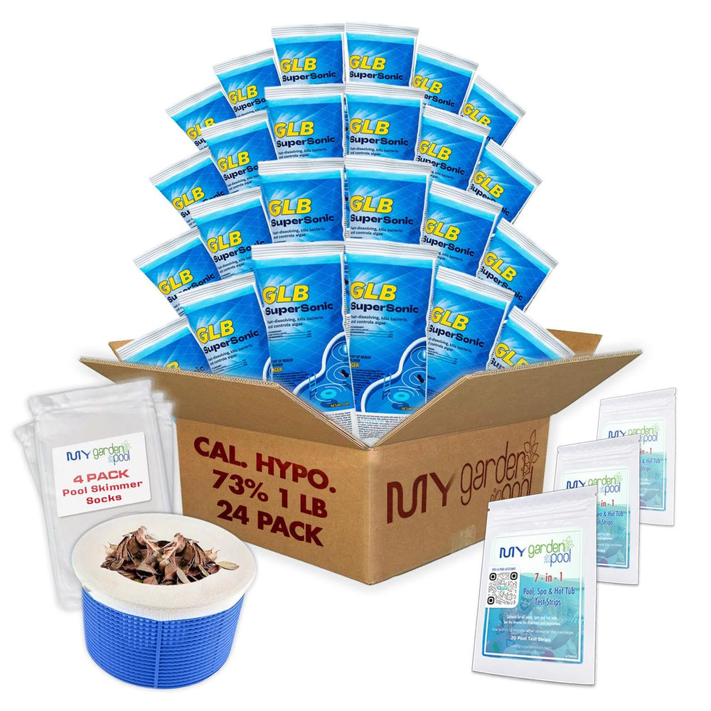 GLB Supersonic 73% Cal-Hypo Shock, 1 lb., Case of 24 with Complete Pool Care Kit with My Garden Pool Skimmer Sock and 7-in-1 Test Strips, 60 ct. – Powerful Chlorine Shock for Clear Swimming Water