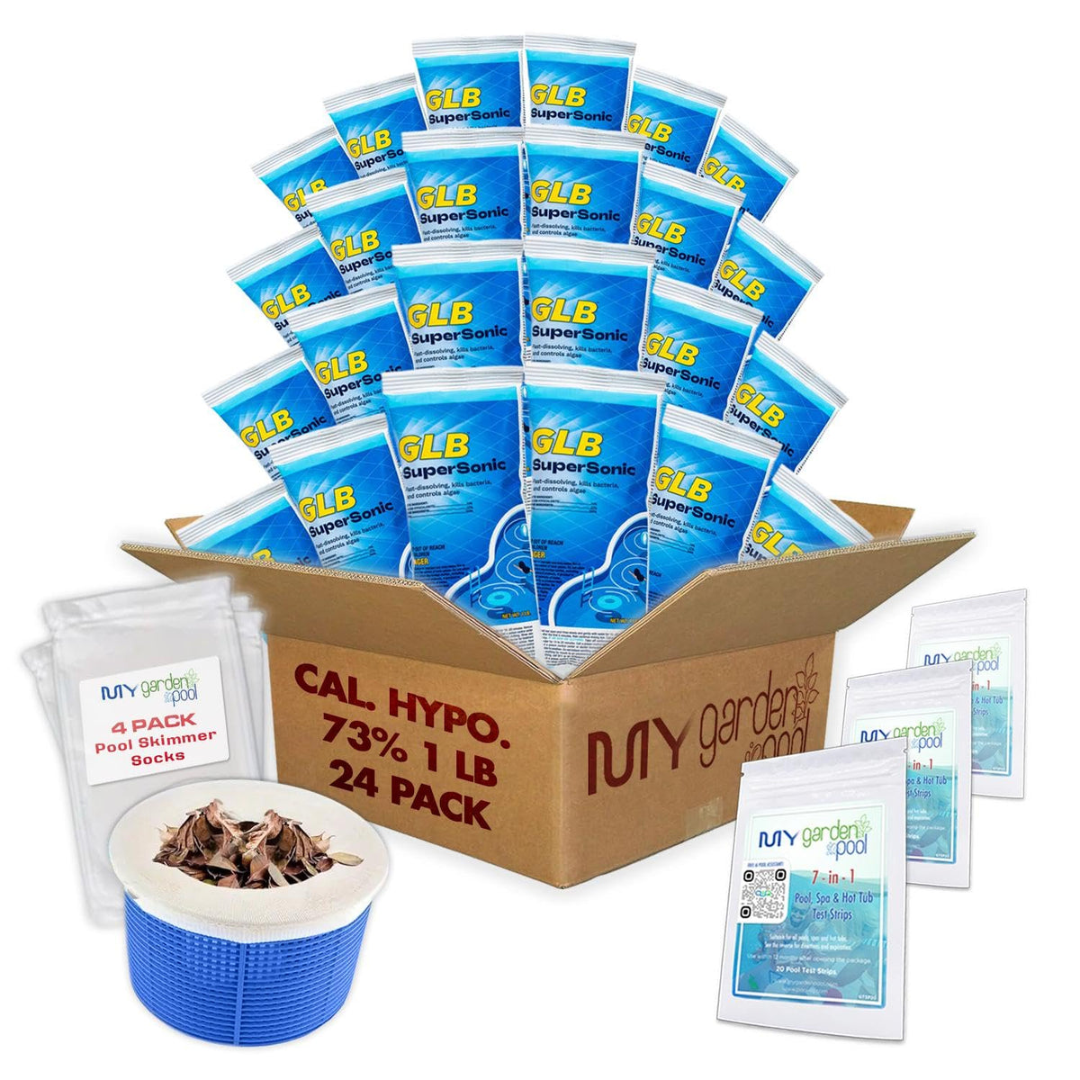 GLB Supersonic 73% Cal-Hypo Shock, 1 lb., Case of 24 with Complete Pool Care Kit with My Garden Pool Skimmer Sock and 7-in-1 Test Strips, 60 ct. – Powerful Chlorine Shock for Clear Swimming Water