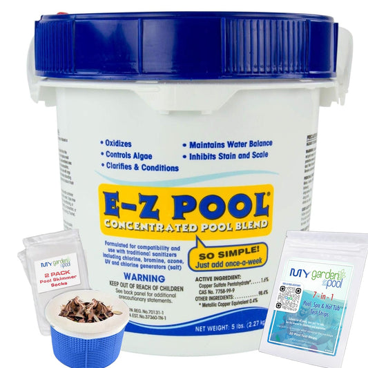 E-Z Pool Concentrated Pool Blend 5 LB - EZP05 with My Garden Pool 20 Ct. Test Strips & 2 Pack Pool Skimmer Socks and Pool-IQ, Smart Pool AI Assistant!