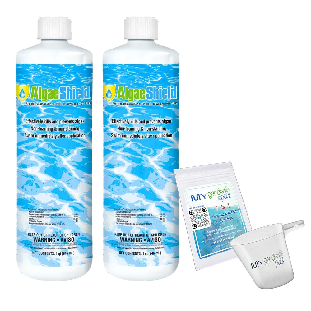 AlgaeShield Algaecide 32 FL OZ 12774 with My Garden Pool 7 in 1 Test Strips and Measuring Cup, 2 Pack