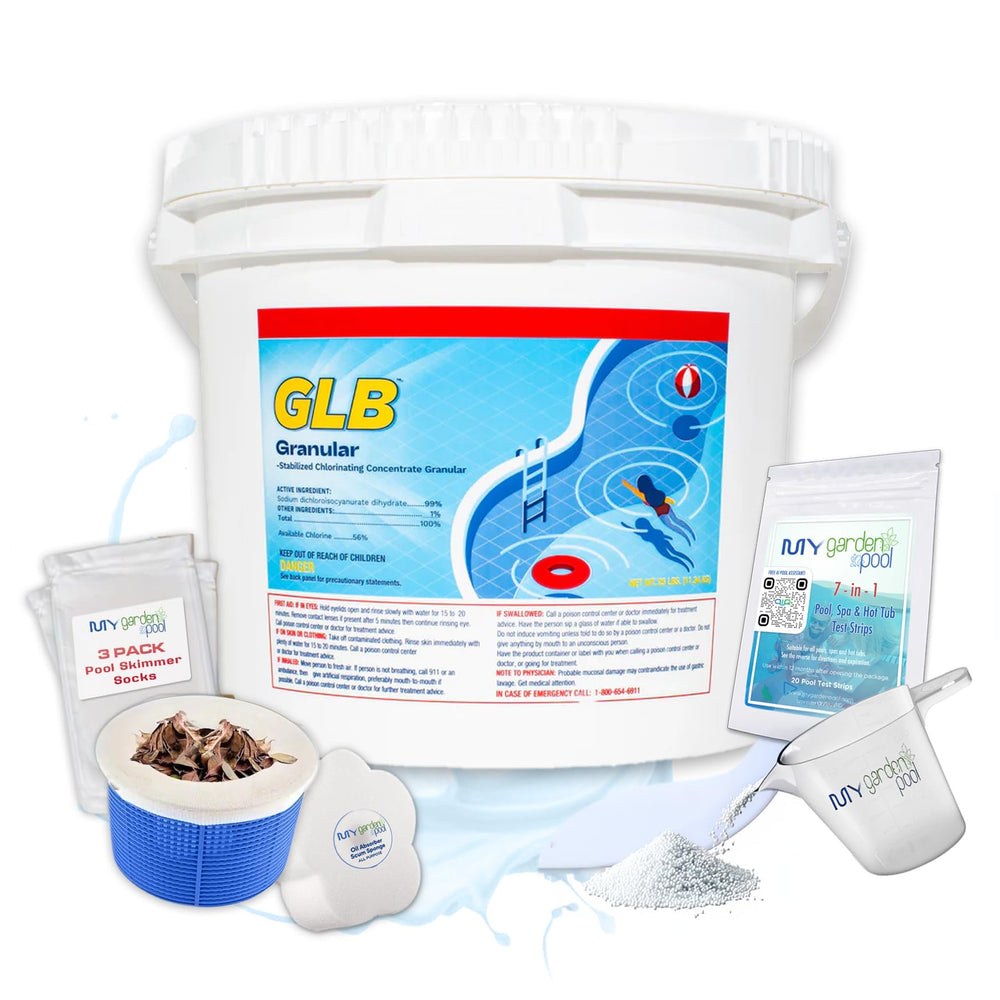 GLB Granular Chlorine (71224A) 50 LBS with My Garden Pool 3 Pool Skimmer Socks & 20ct 7-in-1 Test Strips & Scum Sponge and Measuring Cup. – Powerful Chlorine Tablets for Clear Swimming