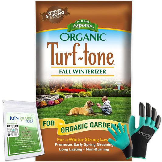 ESPOMA Turf-Tone Fall Winterizer 8-0-5 Natural & Organic Lawn Food. Long Lasting Organic Nitrogen & Potassium for a Winter Strong Lawn. 30 lb with My Garden Pool Soil pH Test Strips and Claw Gloves