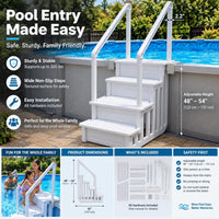 My Garden Pool 4-Step In-Pool Entry Stairs for 48–54 Inch Above-Ground Pools, Dual Handrails, Textured Step Surfaces, 2 Adjustable Deck Connectors and Slotted Side Panels, White