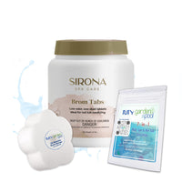 Sirona Bromine Tablets 82135 2.2 Lbs with My Garden Pool 20 Ct. Test Strips & Scum Sponge Flower Oil-Absorbing Sponge for Hot Tubs and Pools