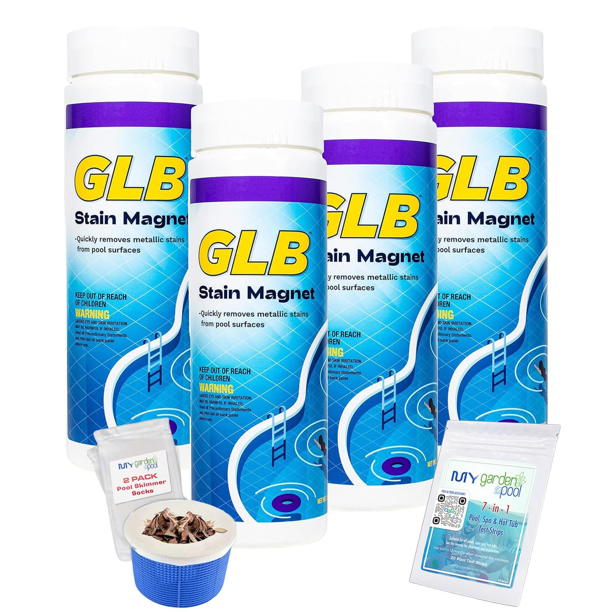 GLB Stain Magnet 2.5 LB (71020A) Surface Stain Treatment with My Garden Pool 2 Skimmer Socks & 7-in-1 Test Strips, 4-Pack