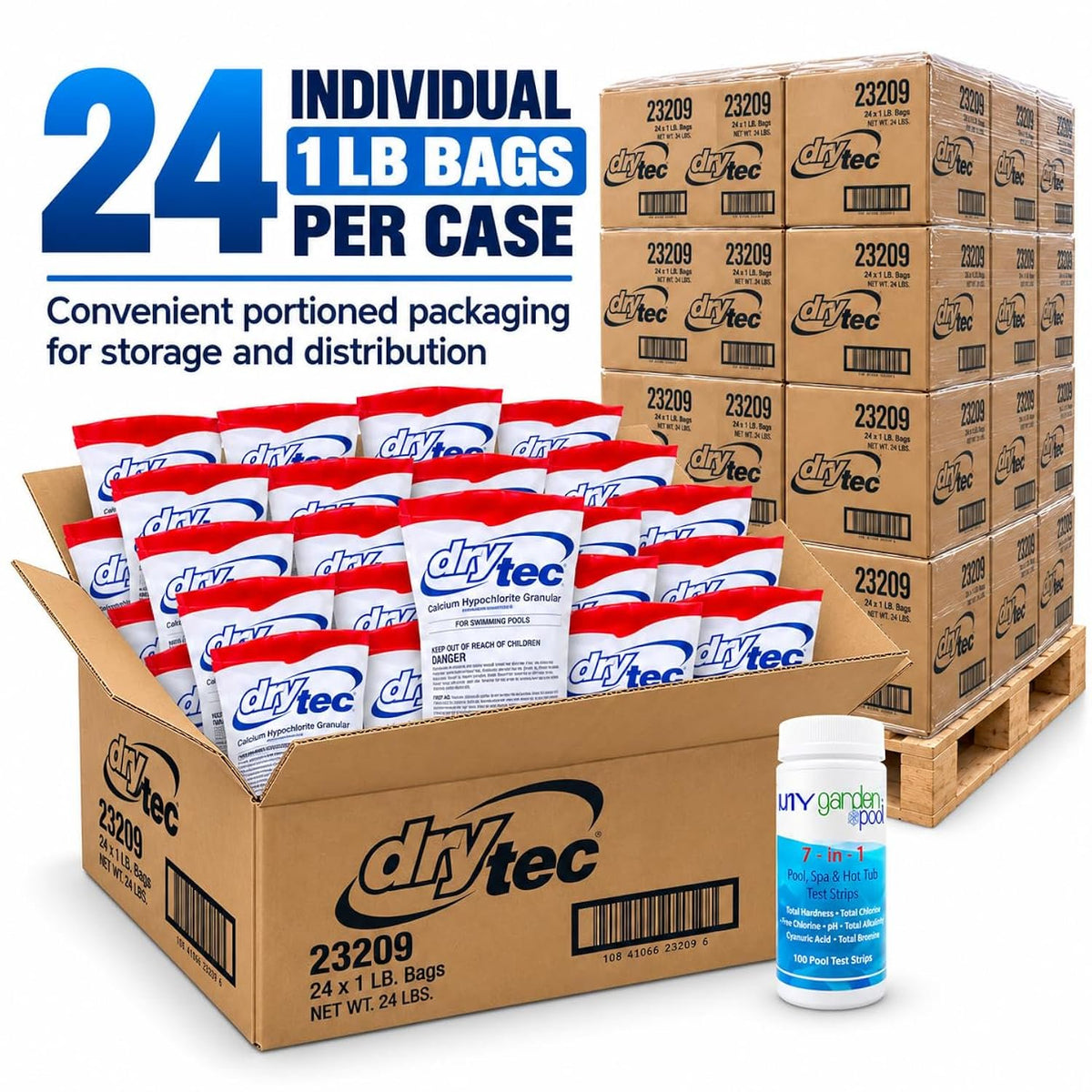 Drytec Calcium Hypochlorite Pool Shock 1 lb 68% Bag, 24 Pack x 60 CASES, Complete Pool Care Kit with My Garden Pool 7-in-1 Test Strips  – Powerful Chlorine Shock for Clear Swimming Water - 1 PALLET