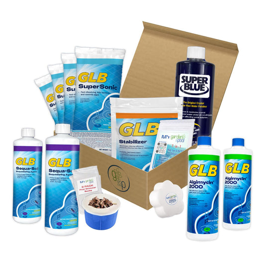GLB Super Start-Up Pool Bundle – 4×1 lb Supersonic Shock, 2× Algimycin 2000, 2× Sequa-Sol, 1 lb Stabilizer, Super Blue – with My Garden Pool Skimmer Socks, Scum Sponge & Test Strips (20 ct)