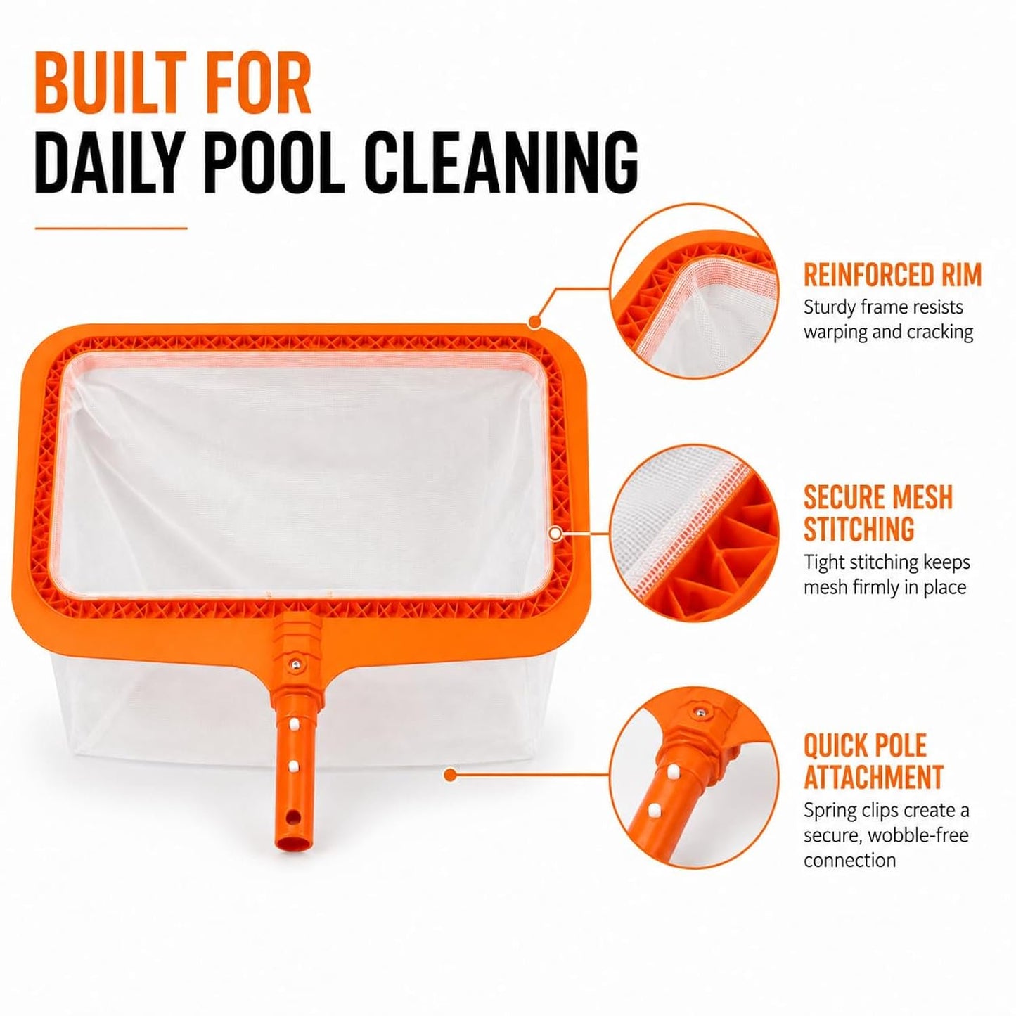 My Garden Pool Rectangular Pool Skimmer Net with Deep Fine Mesh Bag, Includes 2-Pack Skimmer Socks, 20-Count 7-in-1 Pool & Spa Test Strips and Pool-IQ Access, Universal Pole Fit, Made in USA