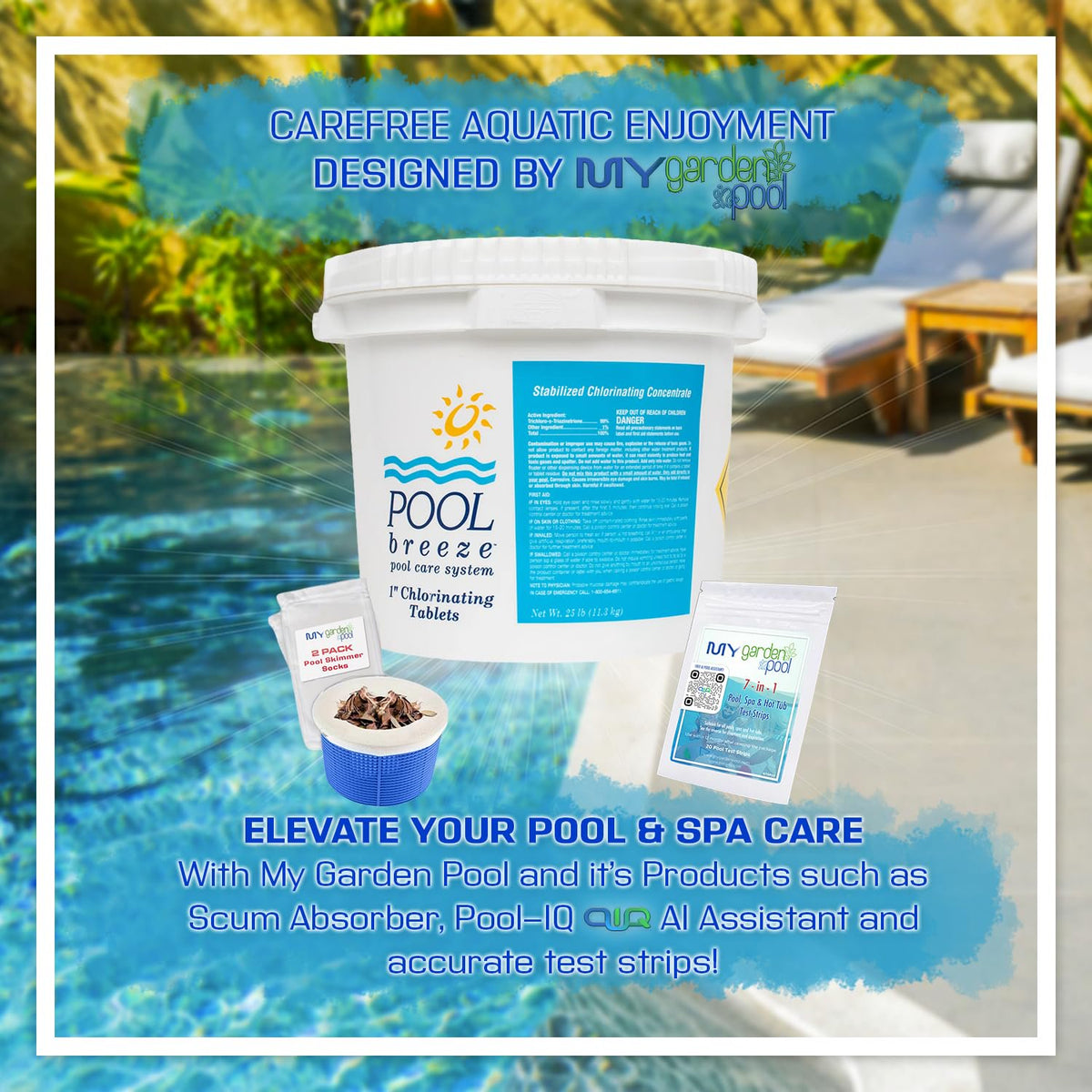 Pool Breeze 1" Chlorinating Tablets 88420 – 25 lb – Stabilized Pool Chlorine – with My Garden Pool 7 in 1 Test Strips & Scum Socks