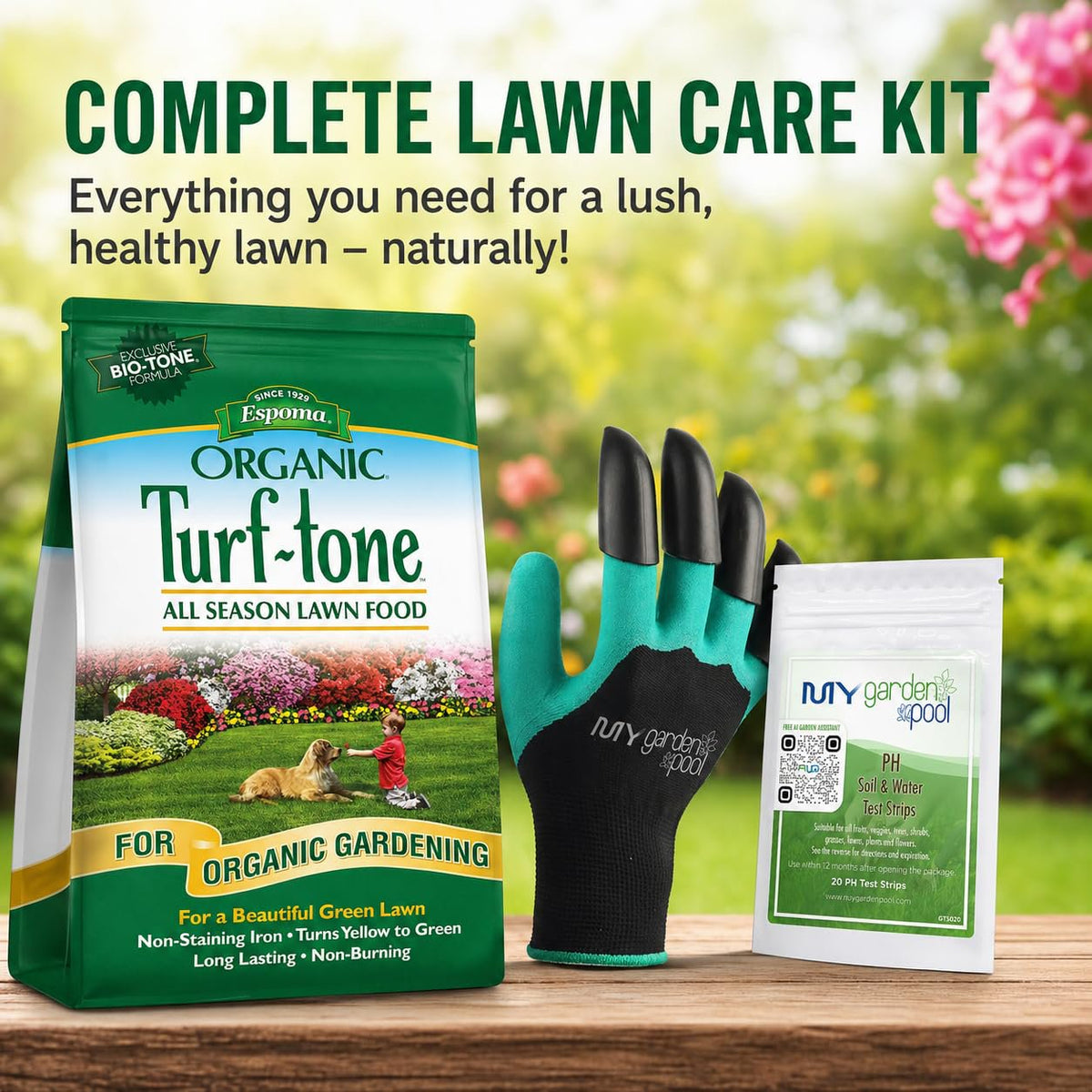 Espoma Turf-Tone All Season Organic Lawn Food with Iron & Exclusive Bio-Tone Formula with My Garden Pool PH Soil Test Strips 20 ct, and Superior Gardening Claw Gloves - 28 LBS
