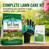 Espoma Turf-Tone All Season Organic Lawn Food with Iron & Exclusive Bio-Tone Formula with My Garden Pool PH Soil Test Strips 20 ct, and Superior Gardening Claw Gloves - 28 LBS
