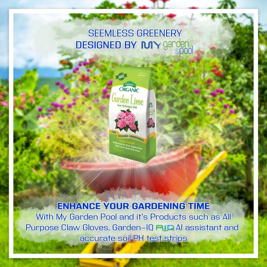 MYGP Organic Garden Lime; Raises Soil pH Contains pelletized dolomitic Lime for Organic Gardening; 5 lb with a My Garden Pool PH Soil Test Strips 20 ct, and Superior Gardening Claw Gloves - 2 Pack