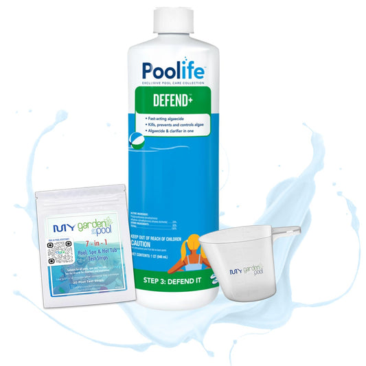 Poolife Defend+ 32 fl oz – 3-in-1 Pool Algae Protection – Clarifier + Preventative Shield – Includes Easy Measuring Cup, 7-in-1 Test Strips and Pool IQ - AI 2 Pack