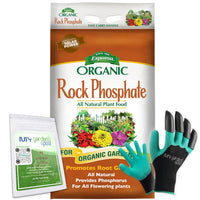 Espoma Rock Phosphate – 28 lb Organic Plant Fertilizer for Outdoor Flower Or Vegetable Gardens with My Garden Pool PH Soil Test Strips 20 ct, and Gardening Claw Gloves