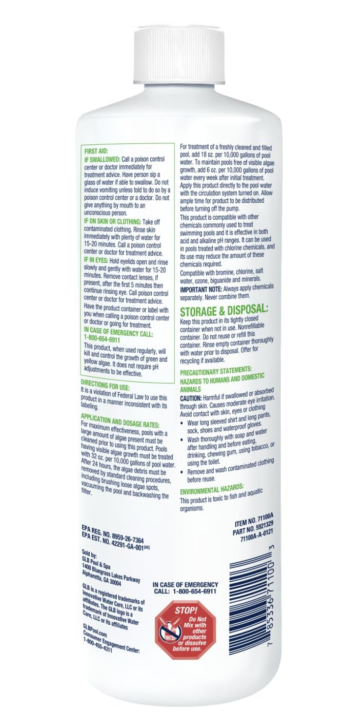 GLB Algae-X Algaecide 32 FL OZ 71100A with My Garden Pool 7 in 1 Test Strips and Measuring Cup, 12 Pack Pool-IQ, Smart Pool AI Assistant!