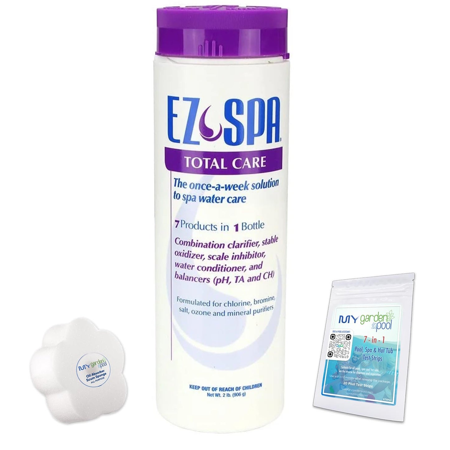 EZ Spa Hot Tub Total Care Weekly Preventative 2 LB with My Garden Pool 20 Ct. Test Strips & Scum Sponge Oil-Absorbing Sponge for Hot Tubs and Pools & Pool-IQ, Smart Pool AI Assistant!