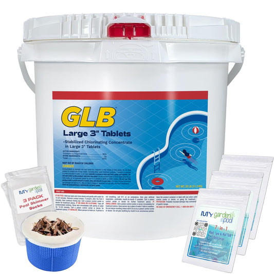 GLB Large 3" Chlorine Tablets 25 LB (71234A) with My Garden Pool 3 Skimmer Sock and 7-in-1 Test Strips, 60 ct. – Powerful Chlorine Tablets for Clear Swimming