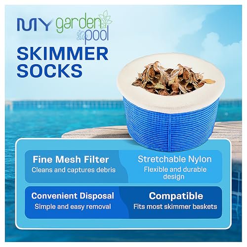 My Garden Pool Skimmer Socks 30 ct – Ultra-Fine Mesh Pool Filter Savers – Universal Fit for Most Skimmer Baskets – Includes 20 ct 7-in-1 Water Test Strips for Pools & Spas