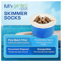 My Garden Pool Skimmer Socks 30 ct – Ultra-Fine Mesh Pool Filter Savers – Universal Fit for Most Skimmer Baskets – Includes 20 ct 7-in-1 Water Test Strips for Pools & Spas