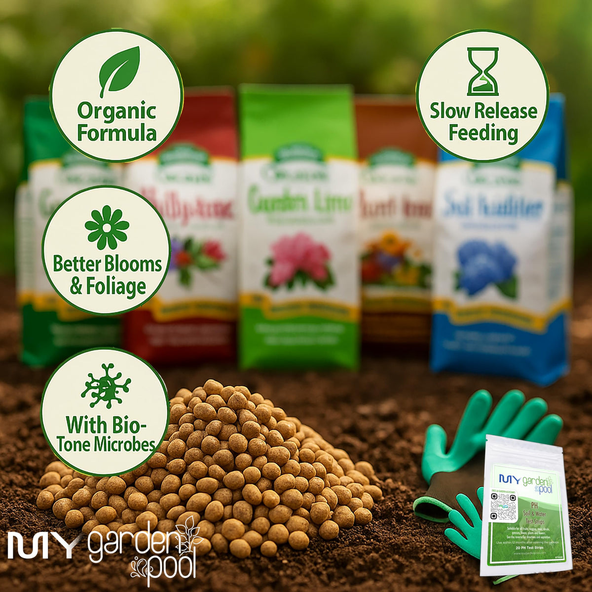 MYGP Organic Fertilizer Bundle – 5×4 lb: Garden, Holly, Plant, Lime & Acidifier – with My Garden Pool Claw Gloves & Soil pH Test Strips – Complete Soil Nutrition and pH Balancing Kit for Gardening