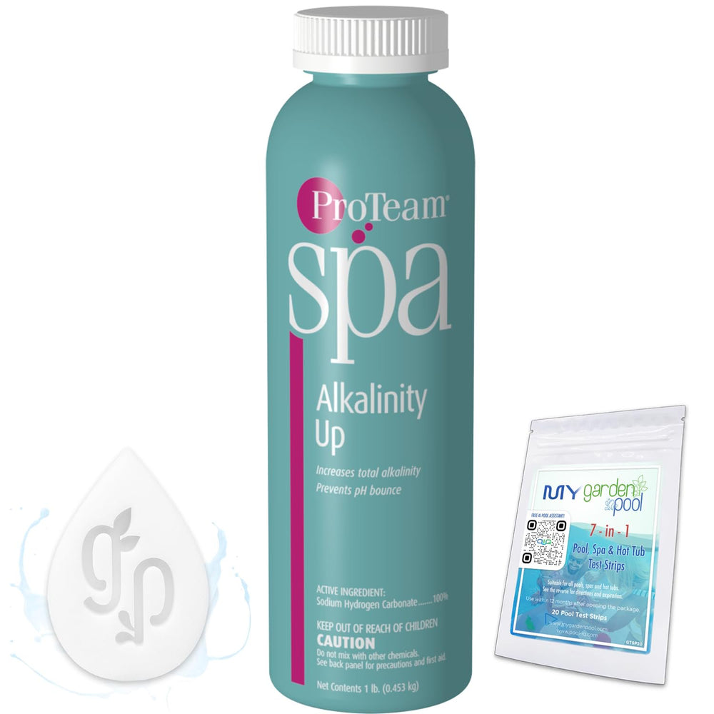 ProTeam Spa Alkalinity Increaser 2 LBS for Hot Tub and Spa pH Increaser with My Garden Pool 20 Ct. Test Strips & Scum Sponge Oil-Absorbing Sponge for Hot Tubs and Pools - 2 LBS