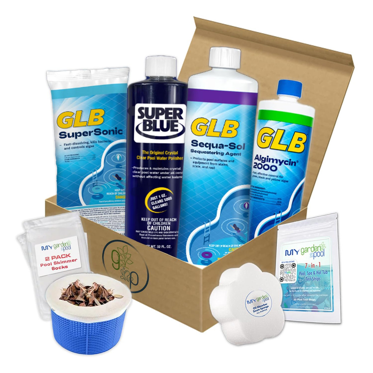 GLB Basic Start-Up Pool Bundle – 1 lb Supersonic Shock, Super Blue Clarifier, Sequa-Sol, Algimycin 2000 – with My Garden Pool Skimmer Socks, Scum Sponge & 7-in-1 Pool Test Strips