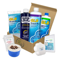 GLB Basic Start-Up Pool Bundle – 1 lb Supersonic Shock, Super Blue Clarifier, Sequa-Sol, Algimycin 2000 – with My Garden Pool Skimmer Socks, Scum Sponge & 7-in-1 Pool Test Strips