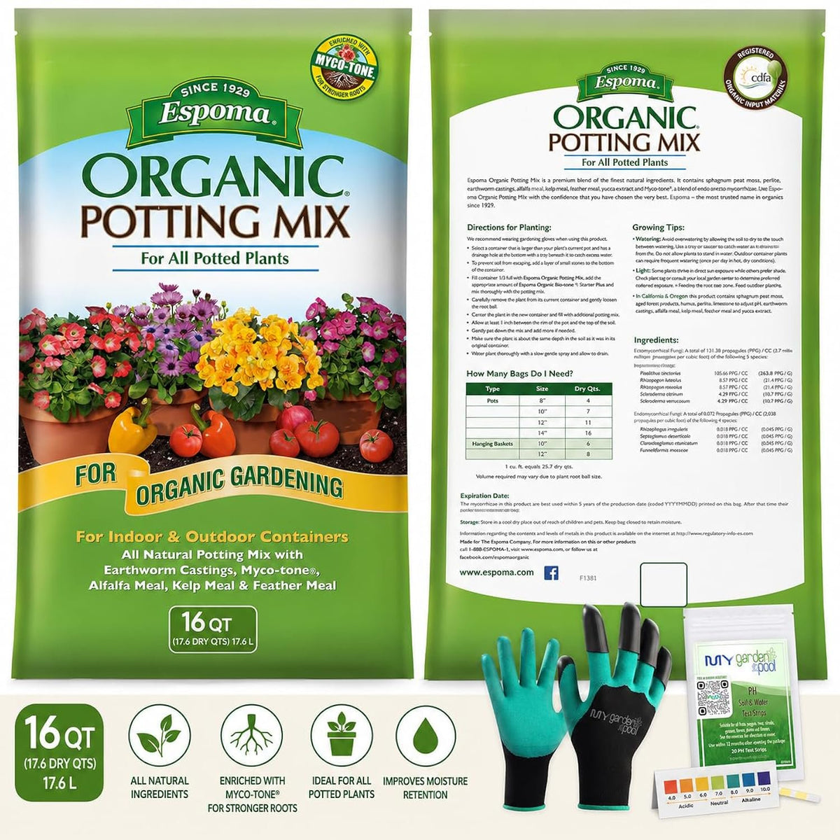 Espoma Organic Potting Mix 16 QT for Indoor & Outdoor Container Plants with My Garden Pool PH Soil Test Strips 20 Ct, Gardening Claw Gloves & Garden-IQ AI Assistant