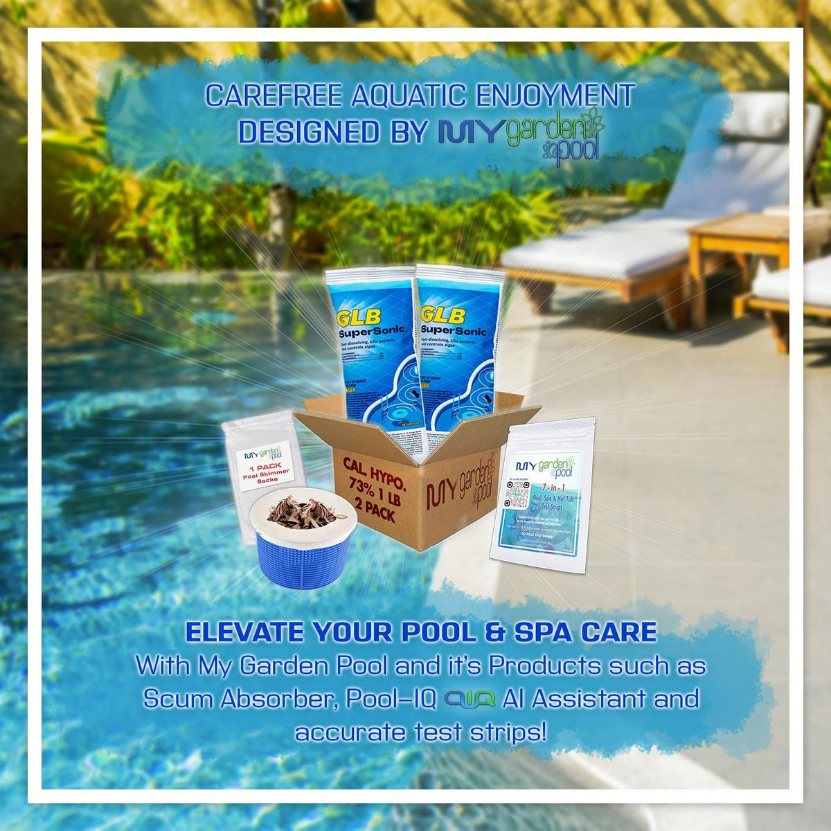 GLB Calcium Hypochlorite Pool Shock, 1-Pound, 2-Pack Complete Pool Care Kit with My Garden Pool Skimmer Sock and 7-in-1 Test Strips, 20 ct. – Powerful Chlorine Shock for Clear Swimming Water